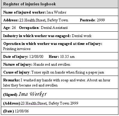 Graphic of register of injuries logbook filled in