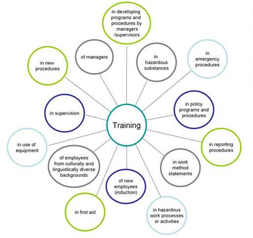 ‘Mind map” showing the different places where training is needed in an organisation, such as: hazardous substances, emergency procedures, policy and procedures, reporting procedures, work method statements, induction, first aid, use of equipment, supervision, new procedures