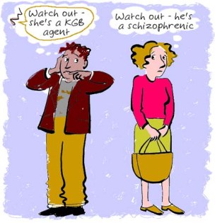 Drawing showing man thinking ‘Watch out – she’s a KGB agent” and woman thinking ‘Watch out – he’s a schizophrenic’